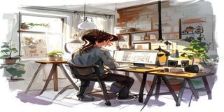 中文独立Galgame创作者访谈配图，创作者在工作台前绘制角色立绘，温馨工作室环境